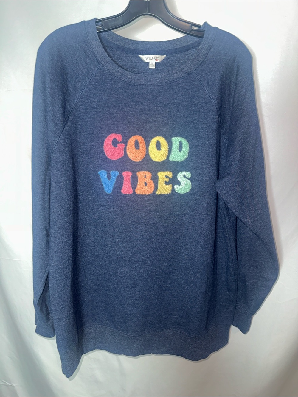 Wildfox Navy Crewneck Sweatshirt with Rainbow "Good Vibes"